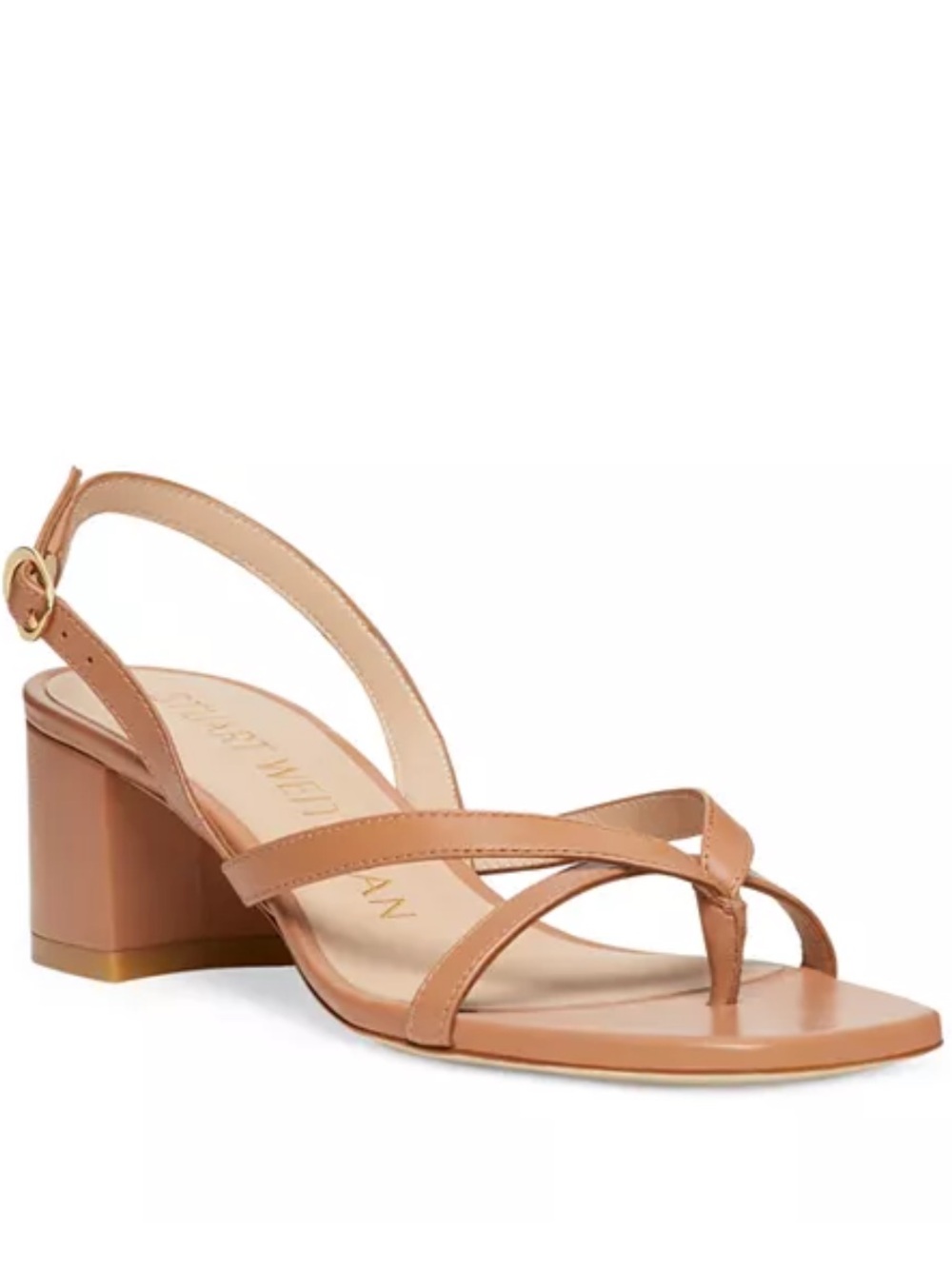 Stuart Weitzman Oasis Slingback Thong Sandal block heels tan leather sandals